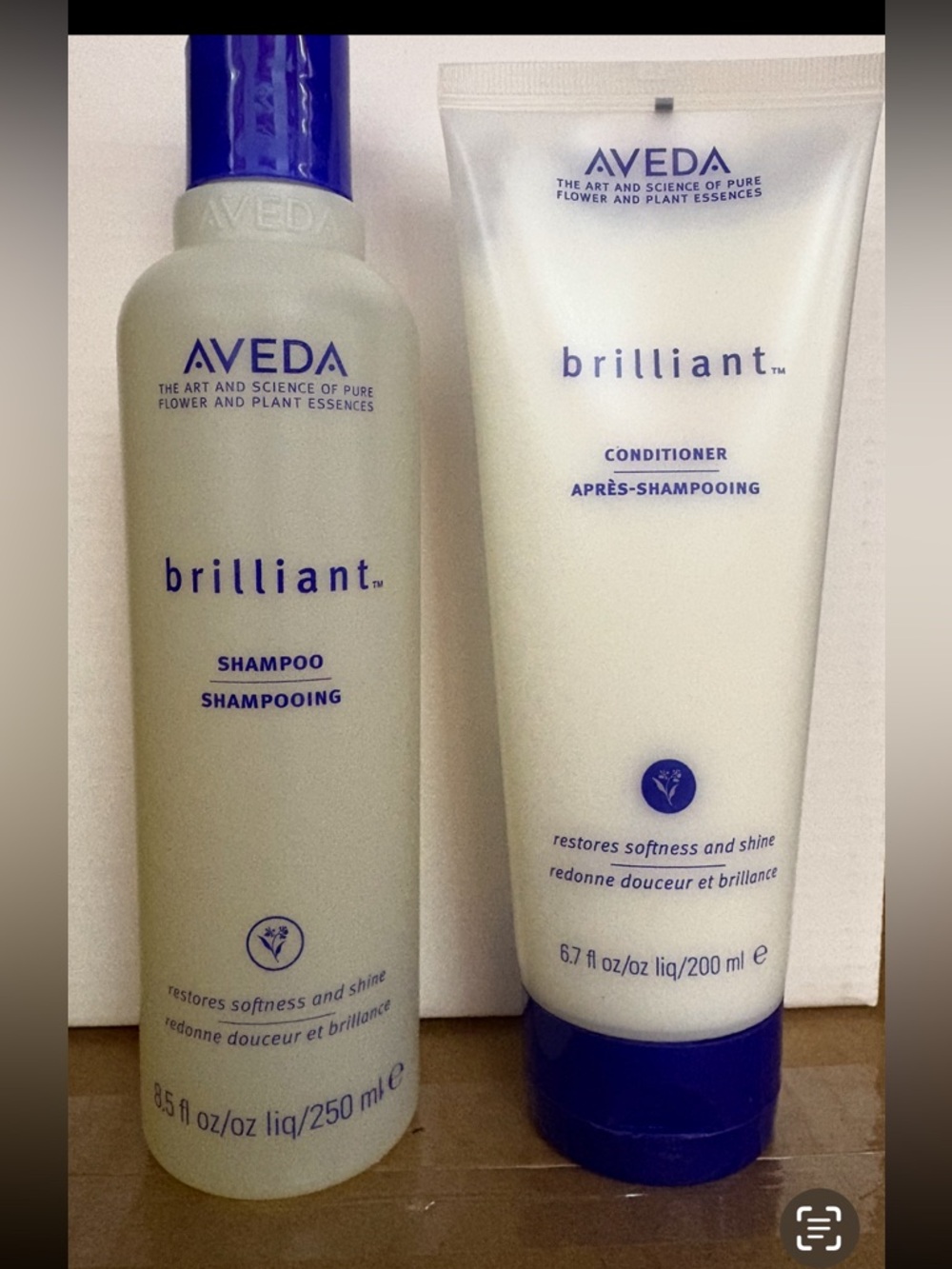 AVEDA Brilliant Shampoo 8.5 oz  & Conditioner 6.7 Oz  Duo - White & Blue